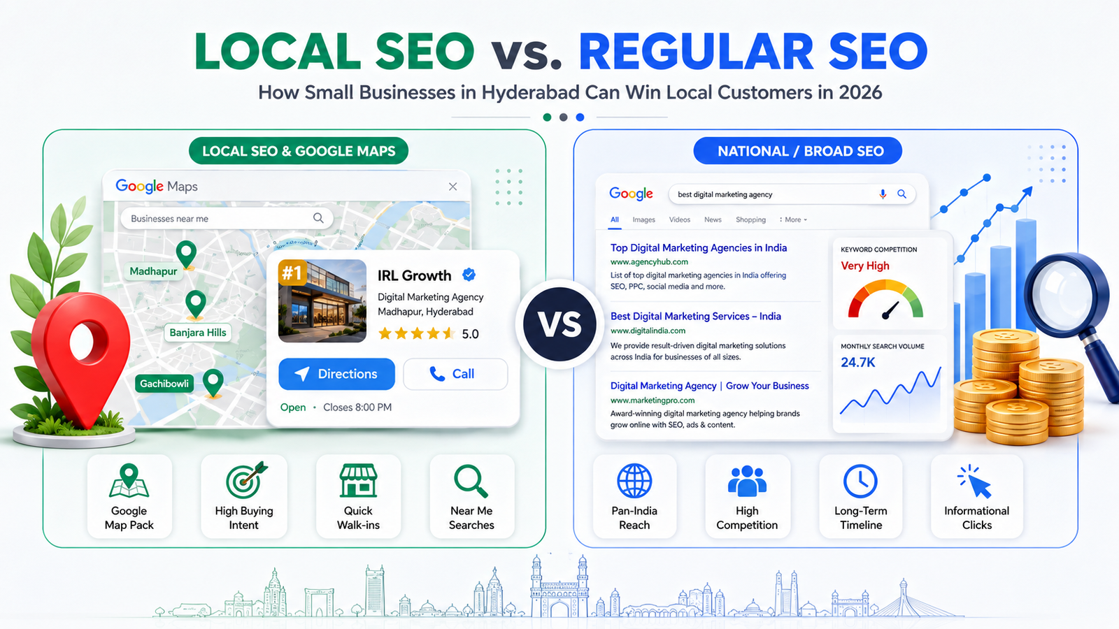 Local SEO vs Regular SEO comparison infographic for small businesses in Hyderabad 2026 - IRL Growth