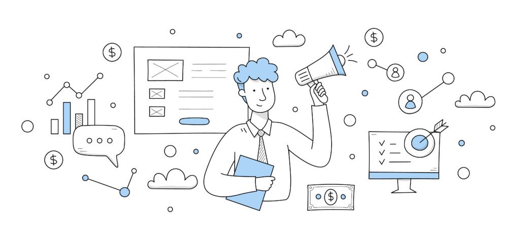 Illustration of a digital marketing strategy showing social media, email marketing, online engagement, and business growth.