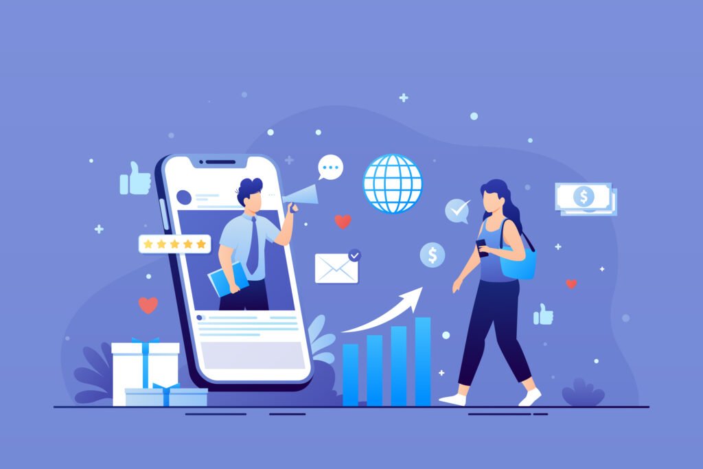 Illustration of a digital marketing strategy showing social media, email marketing, online engagement, and business growth.