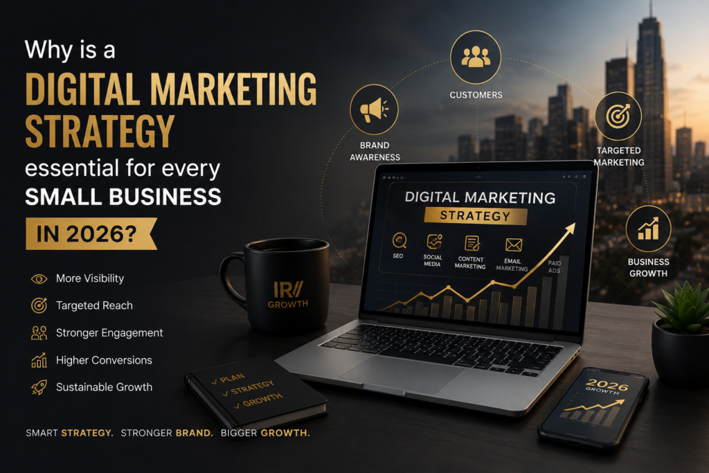 Digital marketing strategy illustration showing SEO, social media marketing, online business growth, and customer engagement for small businesses