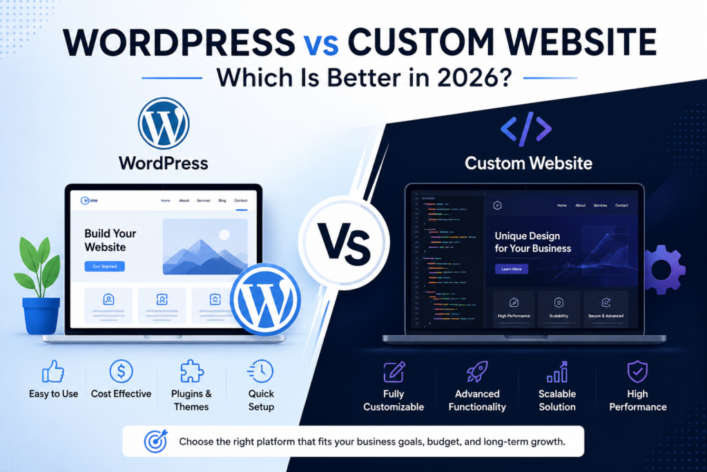 Illustration comparing a WordPress website and a custom-built website, highlighting differences in design flexibility, development, SEO, performance, security, and scalability for businesses.