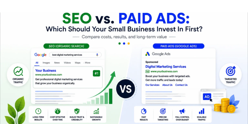 SEO vs paid ads comparison for small businesses, showing organic search, Google Ads, traffic, targeting, and business growth